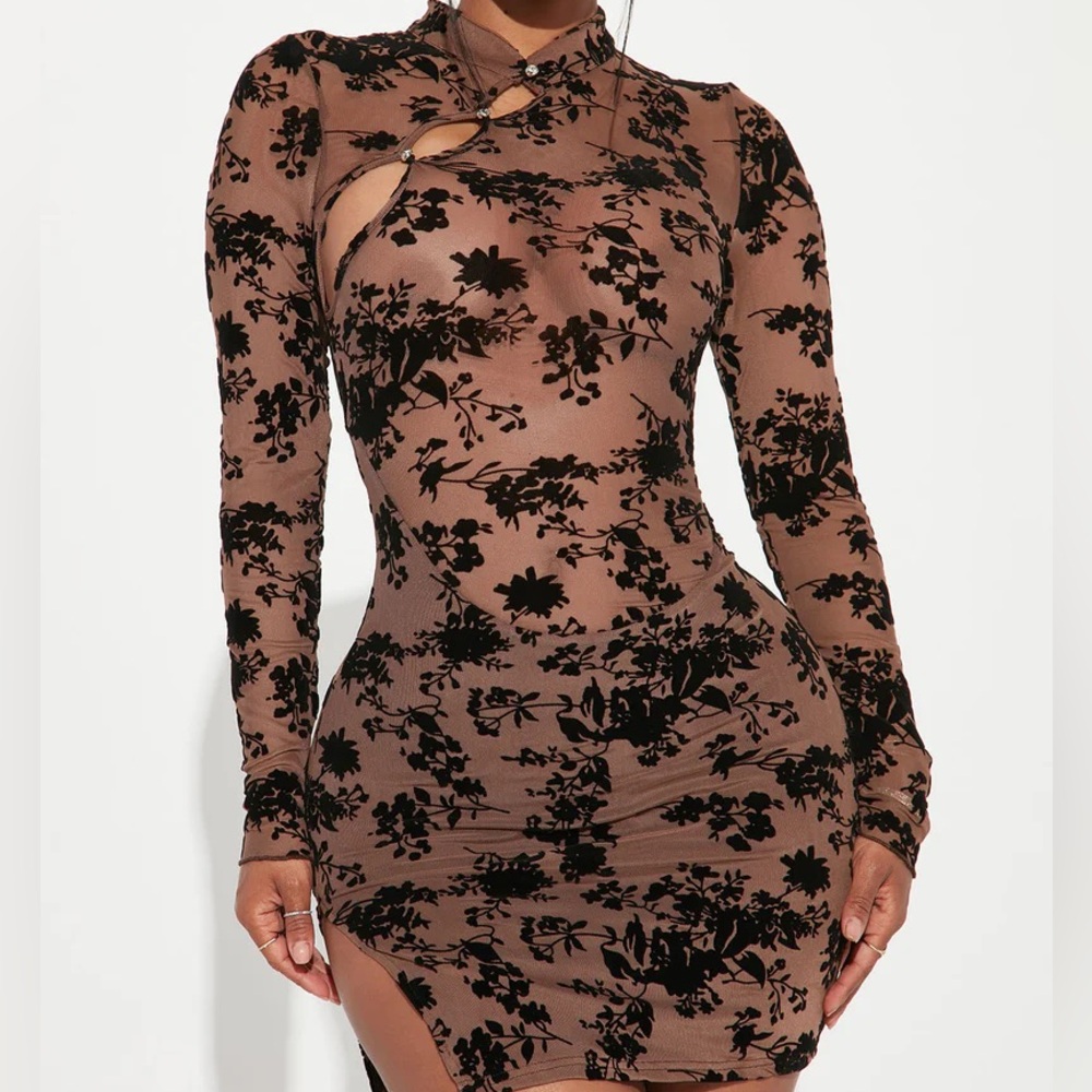 Fashion nova raelynn mini mesh dress brown / combo